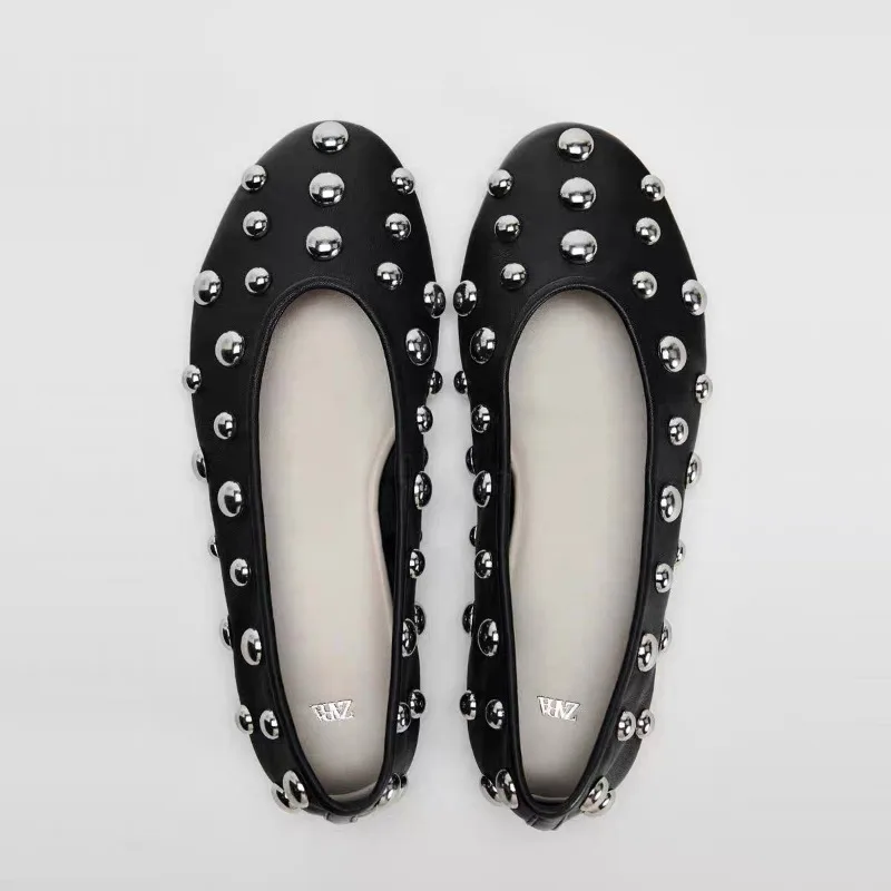 2024 New Rivet Round Head Flat Shoes Luxury Black Leather Sandal Ballet Sandals Silver Ball Metal Hollow Mary Jane Shoes 35-42