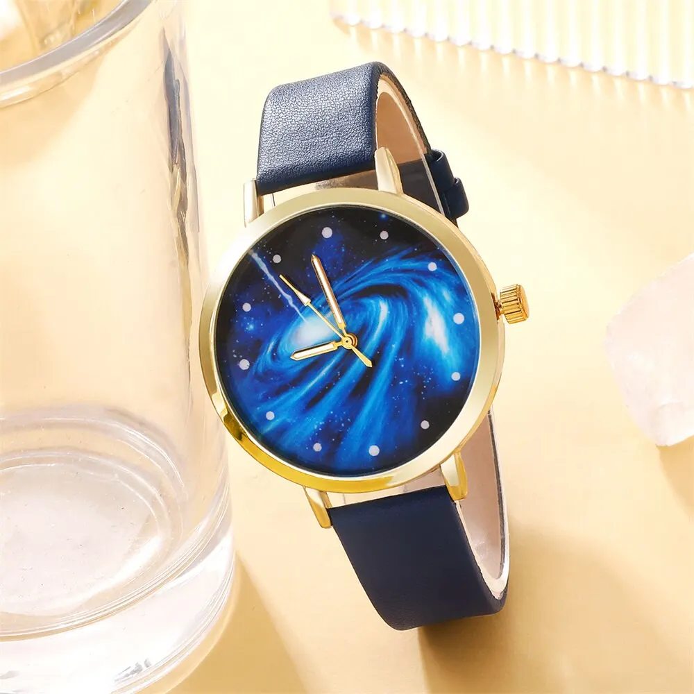 5PCS Set Women Starry Sky Dial Watch Brand Design Female Clock Blue Leather Band Ladies Watches Simple Casual Womens WristWatch