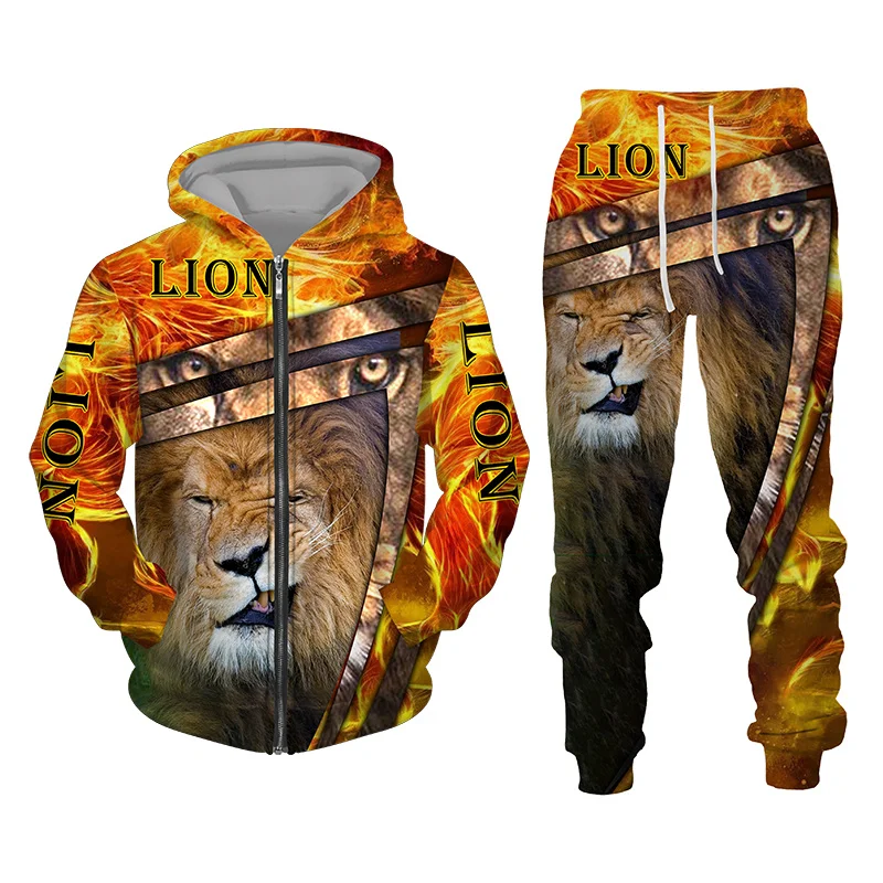 Chándal con estampado de León en 3D para hombre y mujer, conjunto de sudadera con cremallera y pantalones, ropa informal, Otoño e Invierno