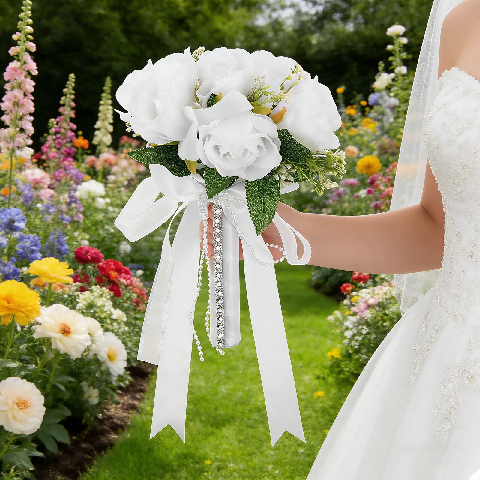 

Шелковые свадебные букеты из роз для невесты, классический западный дизайн, белый искусственный цветочный букет, букет для рук, свадебный букет