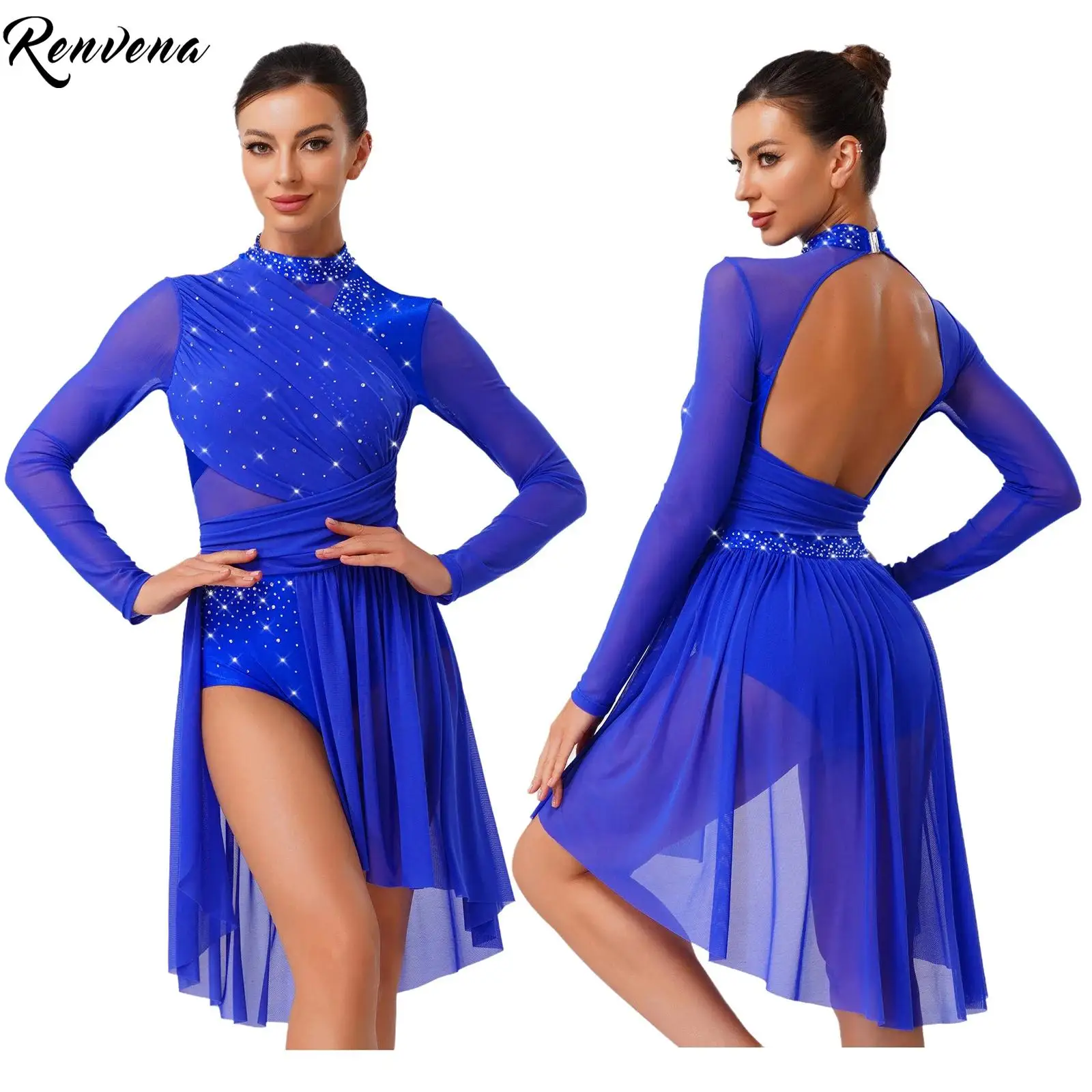 فستان رقص غنائي من حجر الراين اللامع للسيدات، فساتين يوتار الجمباز بأكمام طويلة وفتحة بدون ظهر