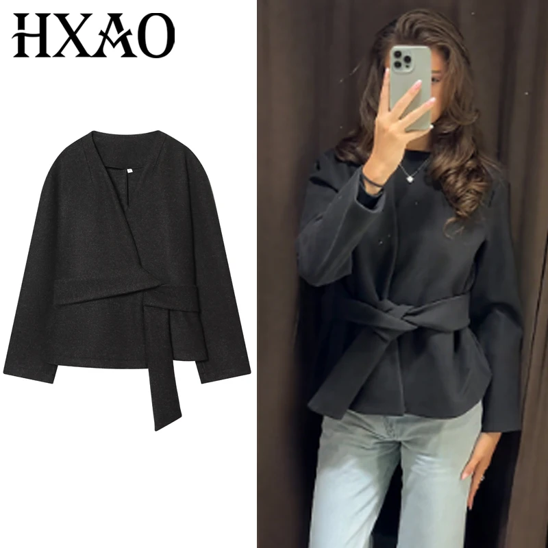 

HXAO укороченное мягкое твидовое пальто, женская куртка, осень 2024, новые пальто и куртки, темно-серые куртки с длинными рукавами и поясом, модная верхняя одежда