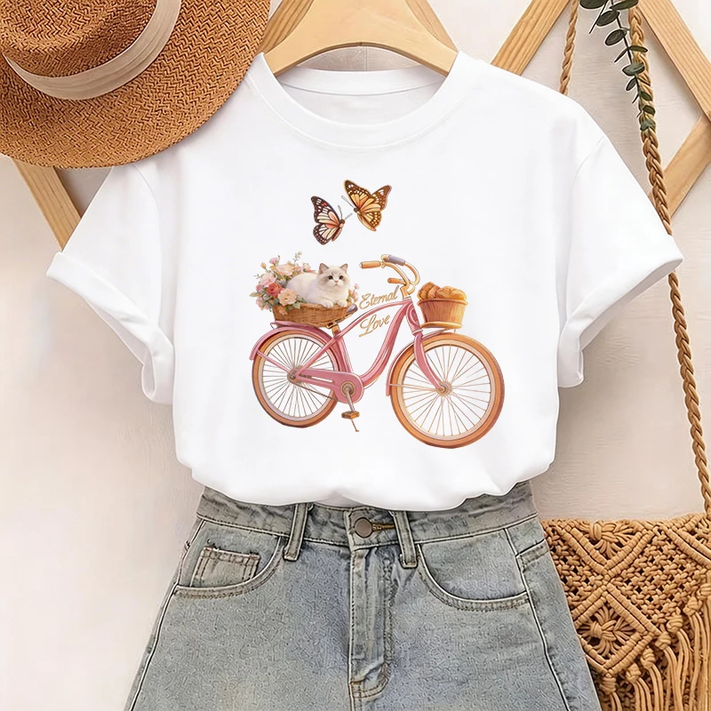 Floral Butterfly with Bicycle Print Casual T-Shirt Graphic Print Design Round Neck Tees Tops Spring Summer Short Sleeve T Shirt