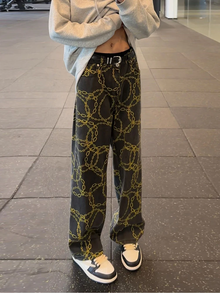 

Trendy Straight Leg Chain Print Denim Jeans Men's Workwear American High Street Autumn Winter Faion Youthful Casual Trousers