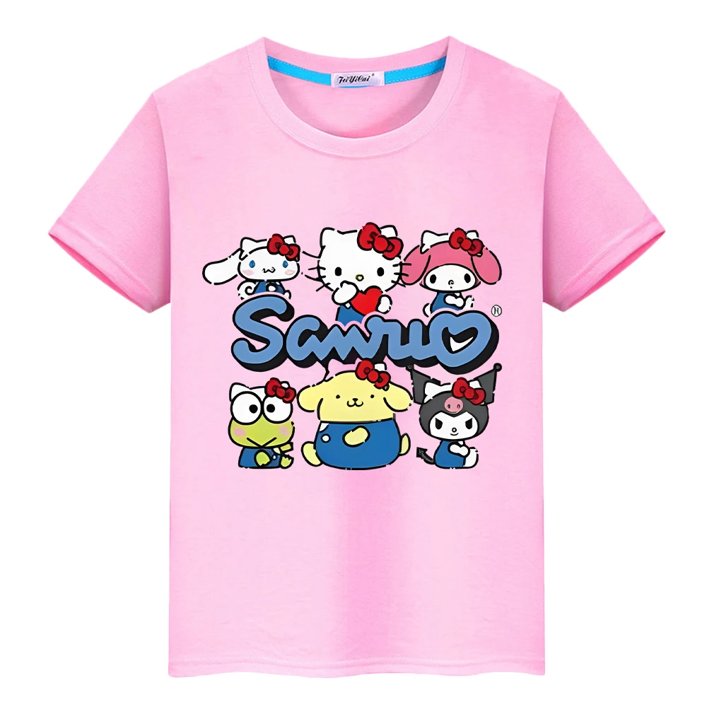 

Sanrio Print t shirt for kids boy 10years 100%Cotton anime Short hello kitty pride tshirt Kawaii Tops y2k one piece girl clothes