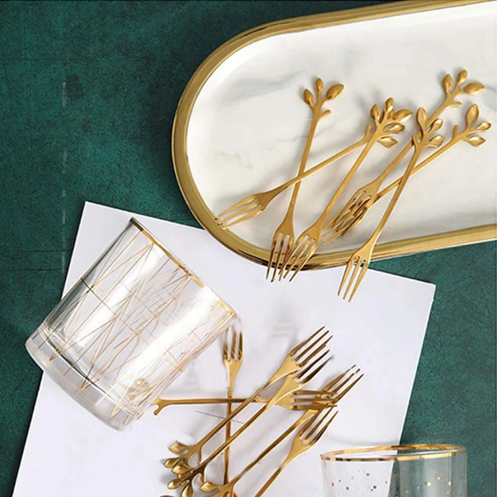 A93E-20 Pcs Stainless Steel Leaf Cake Fruit Forks Set Tasting Dessert Forks Kitchen Accessory Wedding Party Golden