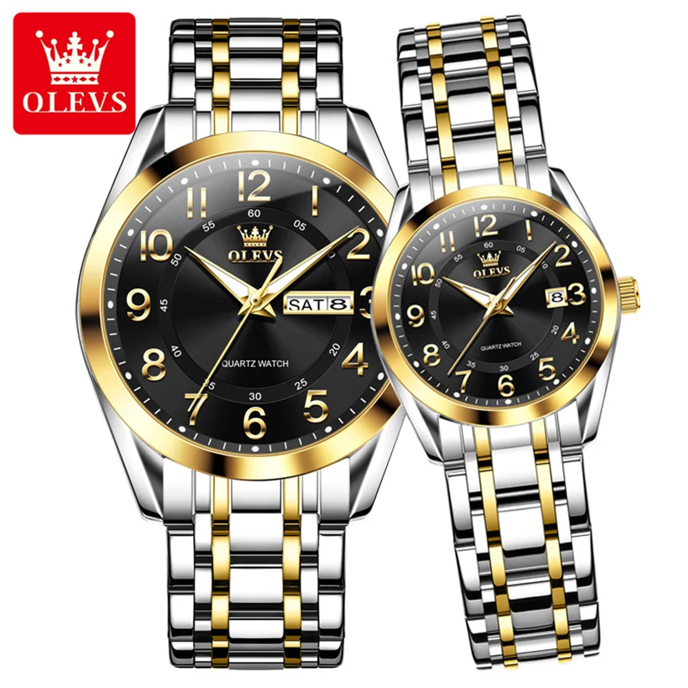 OLEVS Top Brand Luxury Couple Watches Stainless Steel Original Quartz Watch for Lover Waterproof Luminous Date Week Wristwatch