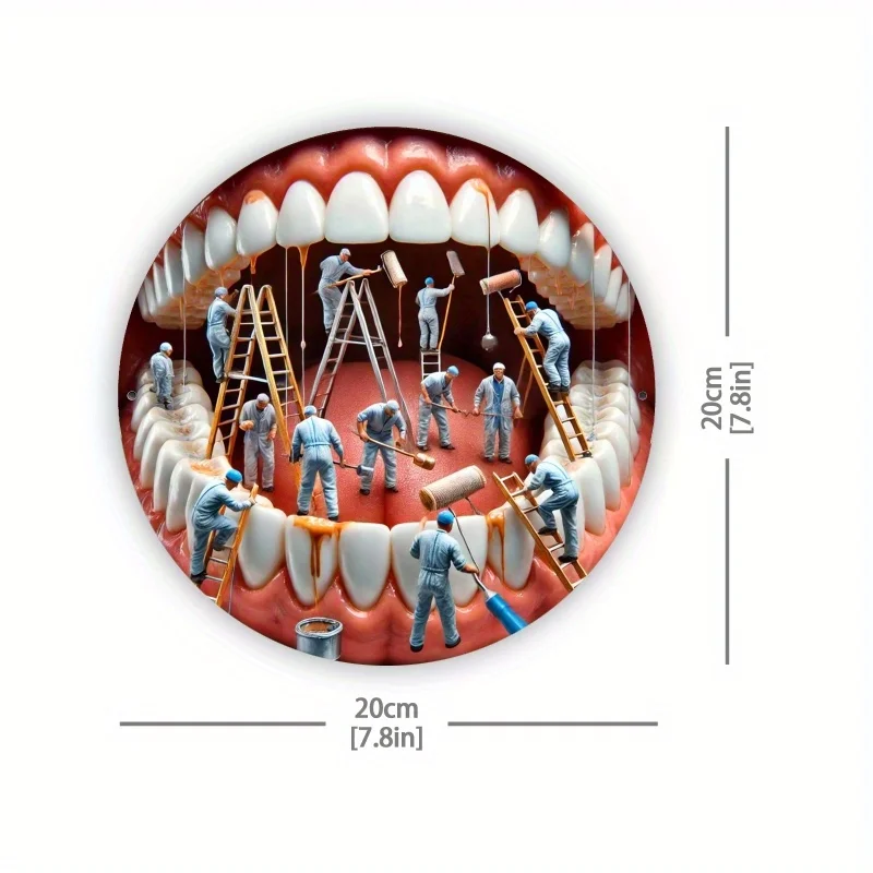 2D Flat - The 2D Flat Is a 2D Dental Health Metal Sign Featuring a Design of a Dentist And Tools. This Unique Round Wall Art Mea