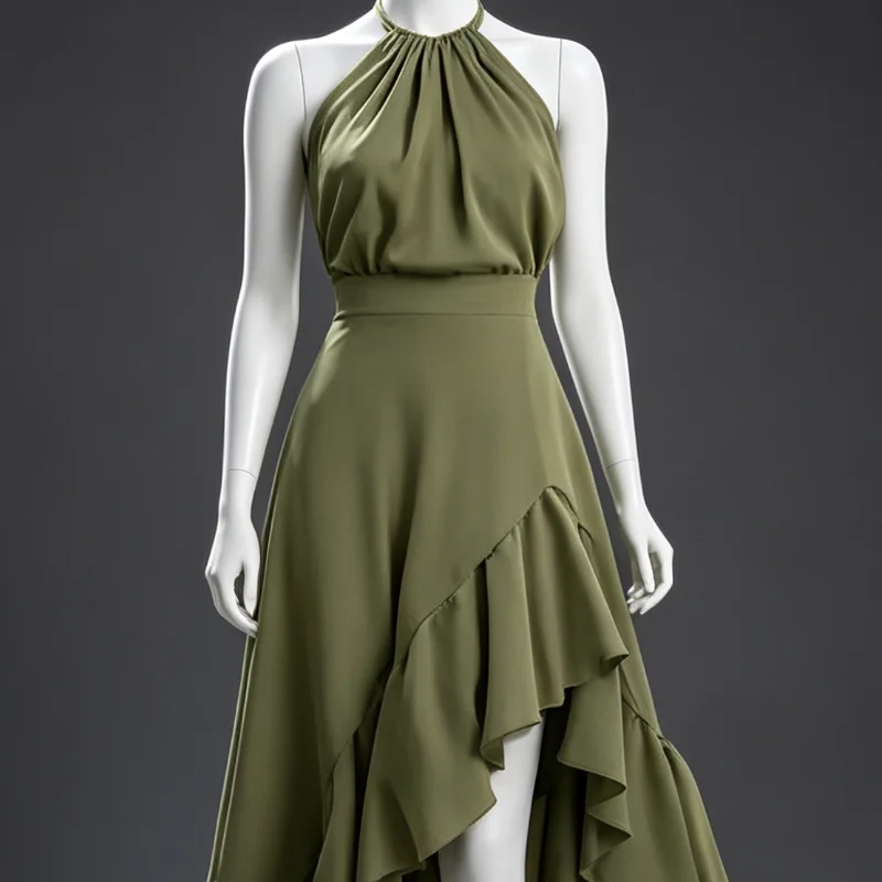 Women Cocktail Party Dress, Halter Sleeveless Flowy Long Dress, Charming Drape Dress Ruffled High Low Wedding Guest Dress