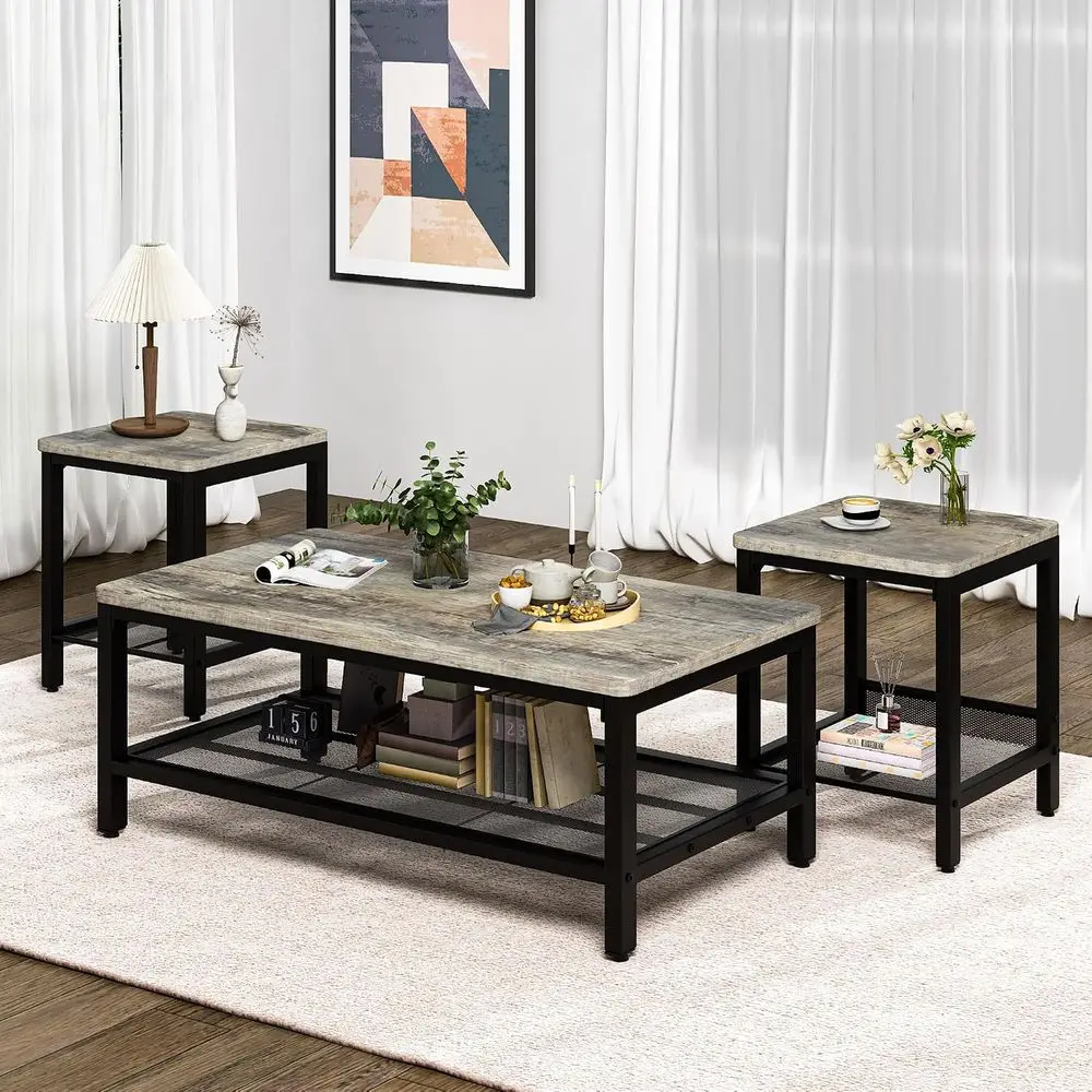 Gray 3Pcs Coffee Table Set Metal Frame Living Room Center End Side Table For Small Apartment Home Office