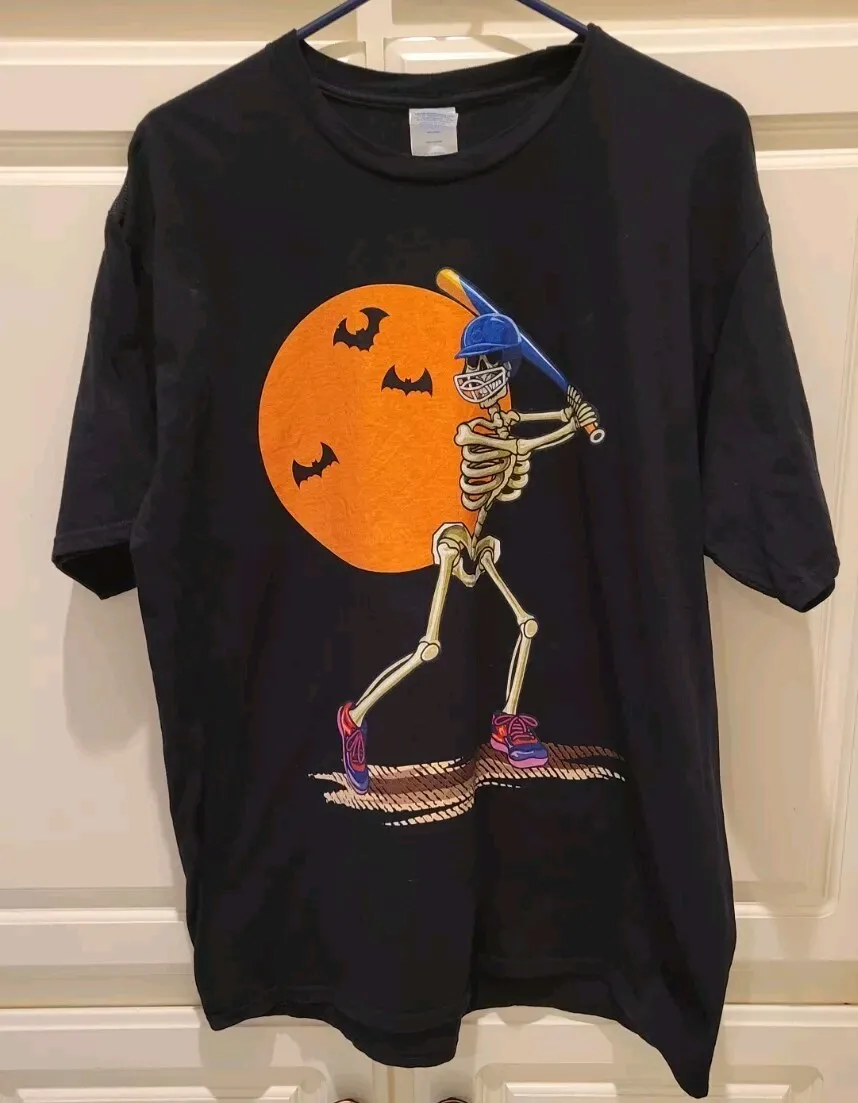 Halloween Mens Baseball T Skeleton Hitter Extra Large Black Tee Vintage Style XL