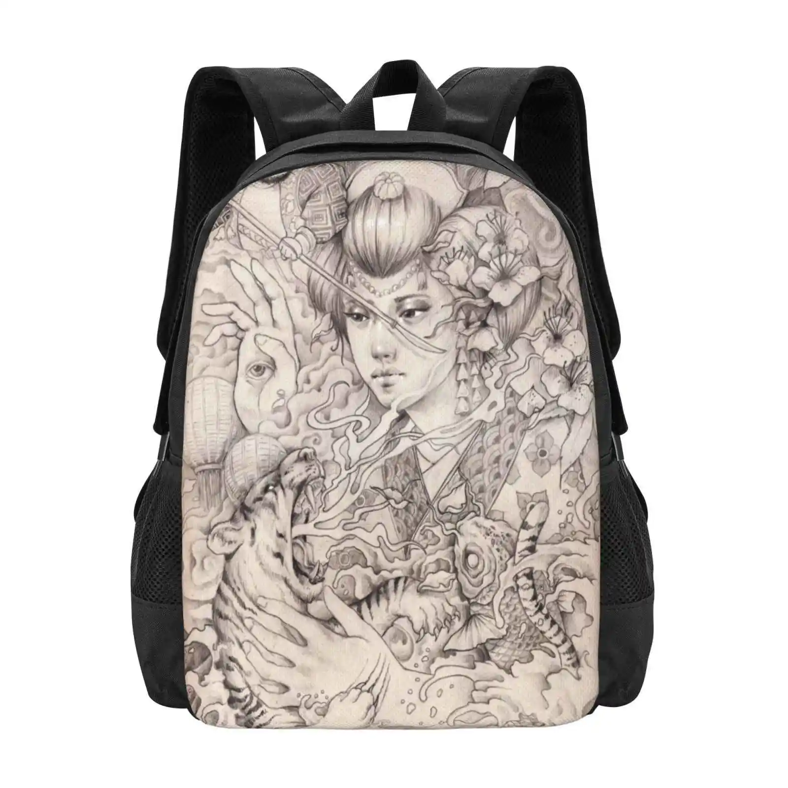 

Irezumi Japanese Tattoo Design Hot Sale Schoolbag Backpack Fashion Bags Pencil Drawing Geisha Goddess Okami Japanese Tiger