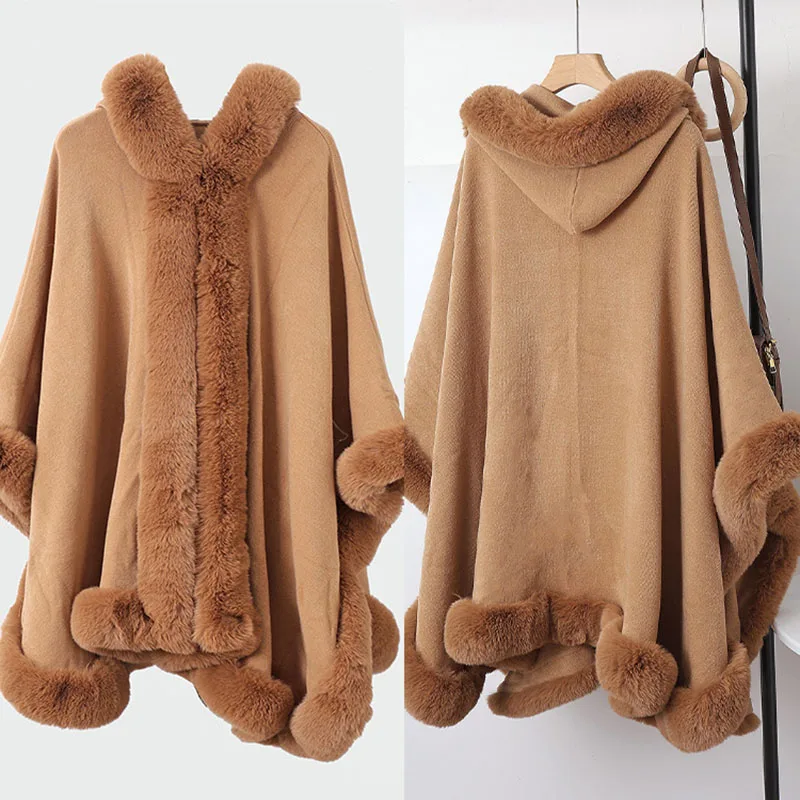 Fashion Elegant Faux Fur Trims Knit Cape Hooded Long Big Outerwear Wraps Women Autumn Winter Party Travel Cloak Poncho