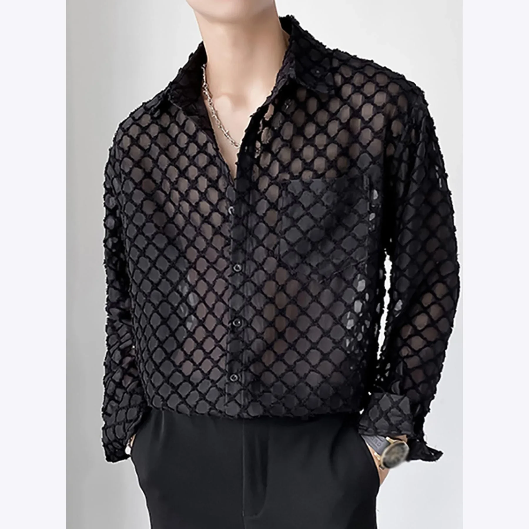 

Mens Shirt New Summer Fashion Lace Long Sleeved Loose Casual T-shirt for Men