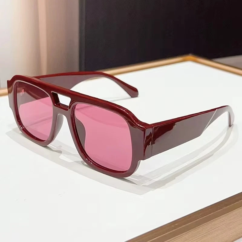Burgundy‑Red Thick‑Frame Square‑Shaped Sunglasses, Pink‑Tinted UV‑Protection Lens Retro Fashion Street‑wear Shades for Women