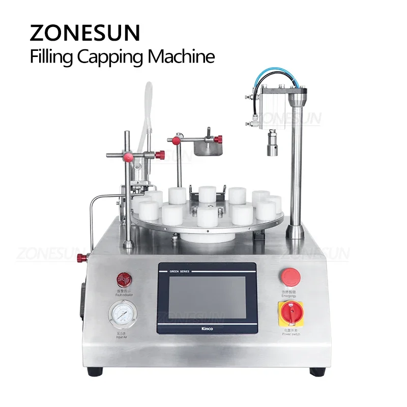 Zonesun ZS-AFC1CP desktop automático garrafa pequena dois-em-um bomba cerâmica máquina de enchimento e tampagem para produção pequena e rápida