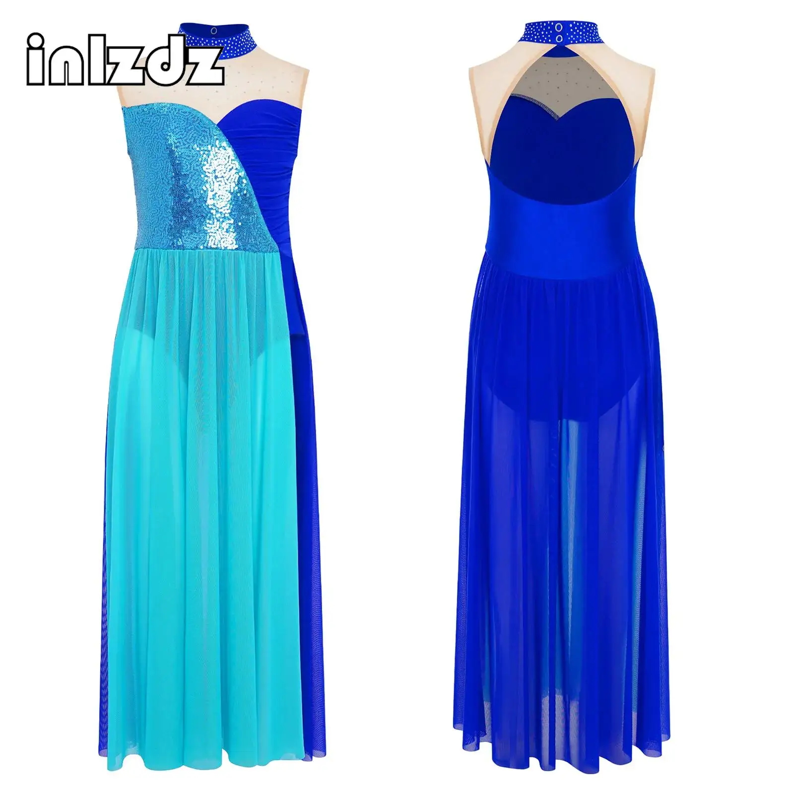

Kids Girls Contemporary Lyrical Dance Dress Sleeveless Cutout Back Sparkly Sequins Bodice Color Block Side Split Mesh Dancewear