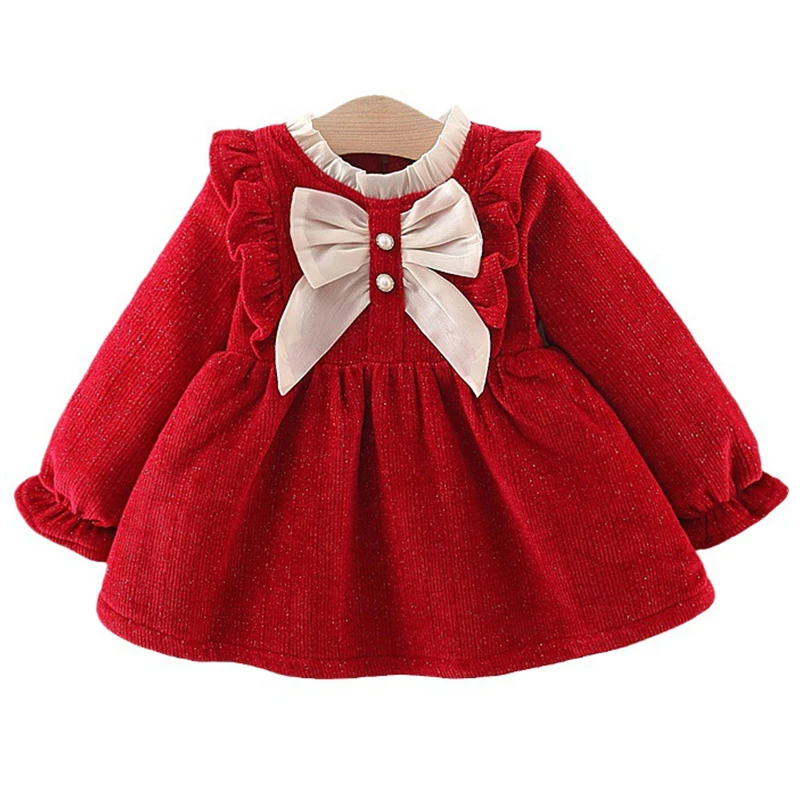 Winter Baby Girl Clothes Korean Cute Bow Mesh Fleece Warm Long Sleeve Red Birthday Dresses Newborn Princess Luxury Dress BC847