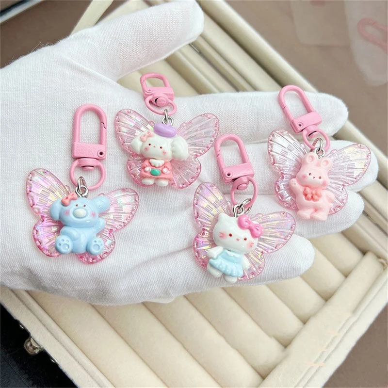 1PC Sanrio Cartoon Butterfly Kt Cat Animal Keychain Pendant For Women Girls Cute Keyring Backpack Decoration Accessories