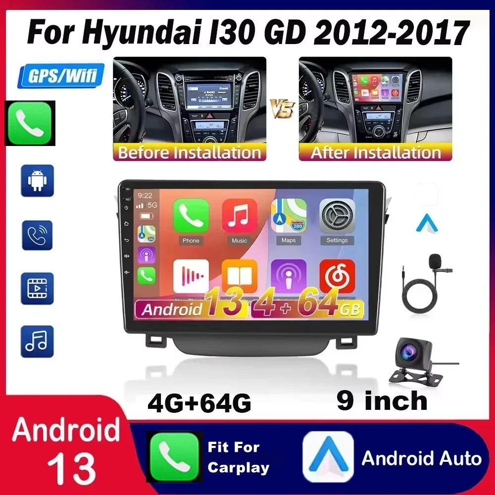 

9in Android 13 Car Stereo Radio GPS Navigation Wirless Fit For Carplay 4+64G Head Unit Fit For Hyundai I30 GD 2012 - 2017