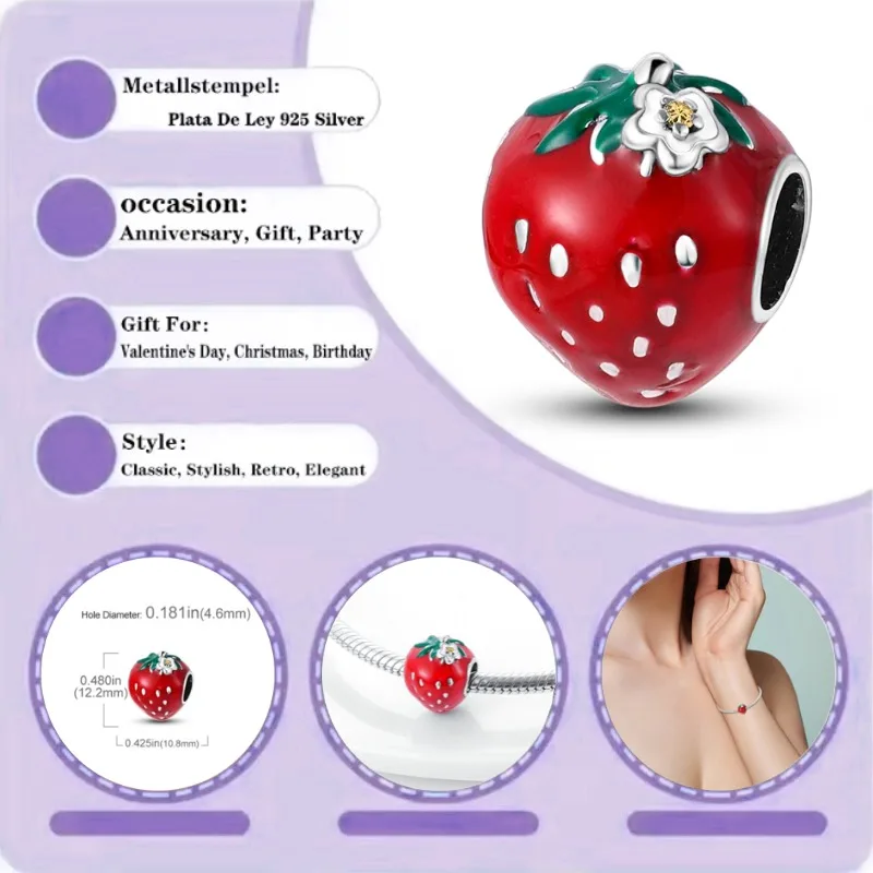 

925 sterling silver pendant strawberry bead round suitable for making original bracelet jewelry