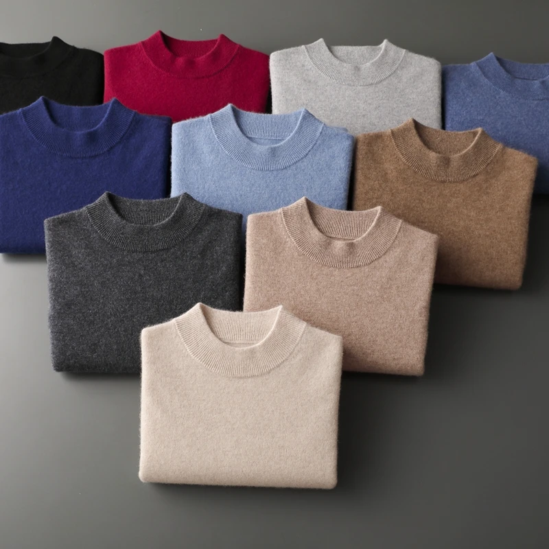 

Пуловеры из 100% козьего кашемира, мужские однотонные свитера с воротником-стойкой, трикотаж с длинными рукавами, базовая универсальность, весенне-осенне-зимняя одежда