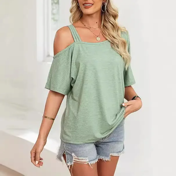 

2025 Women's T-shirt Trendy Summer Solid Color New Casual Slant Neck Off-shoulder Wear Loose Short-sleeved Femme Streetwear Tee
