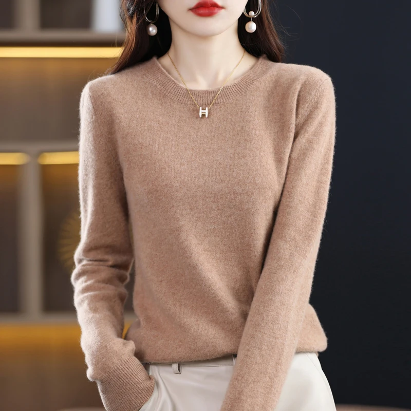 Autumn and winter new 100% merino sweater O-neck knitted ladies high-end solid color long-sleeved warm cashmere sweater top.