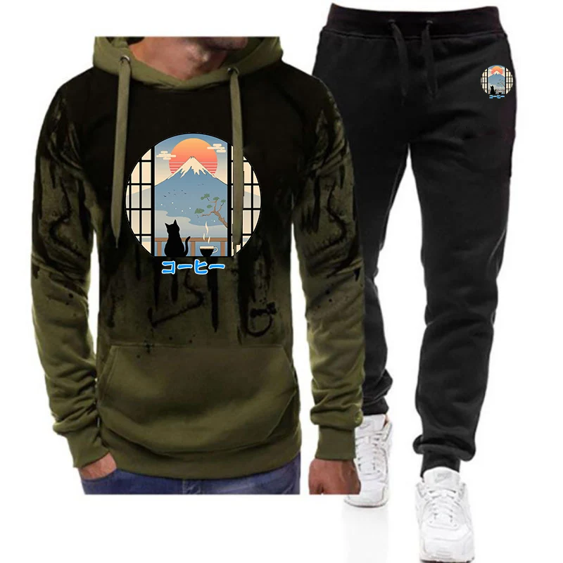 2025 Coffee Cat in Mt Fuji Printing Spring And Autumn Men's New Gradient Color Set Hoodie+Casual Sweatpant Two-piece Suit