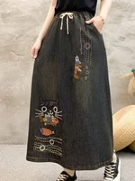 Amax luluE 2024 Cartoon Embroidery Spring Females Denim Skirts Fashion Vintage Vestidos Casual Classic Elastic Ladies Streetwear - Image 5