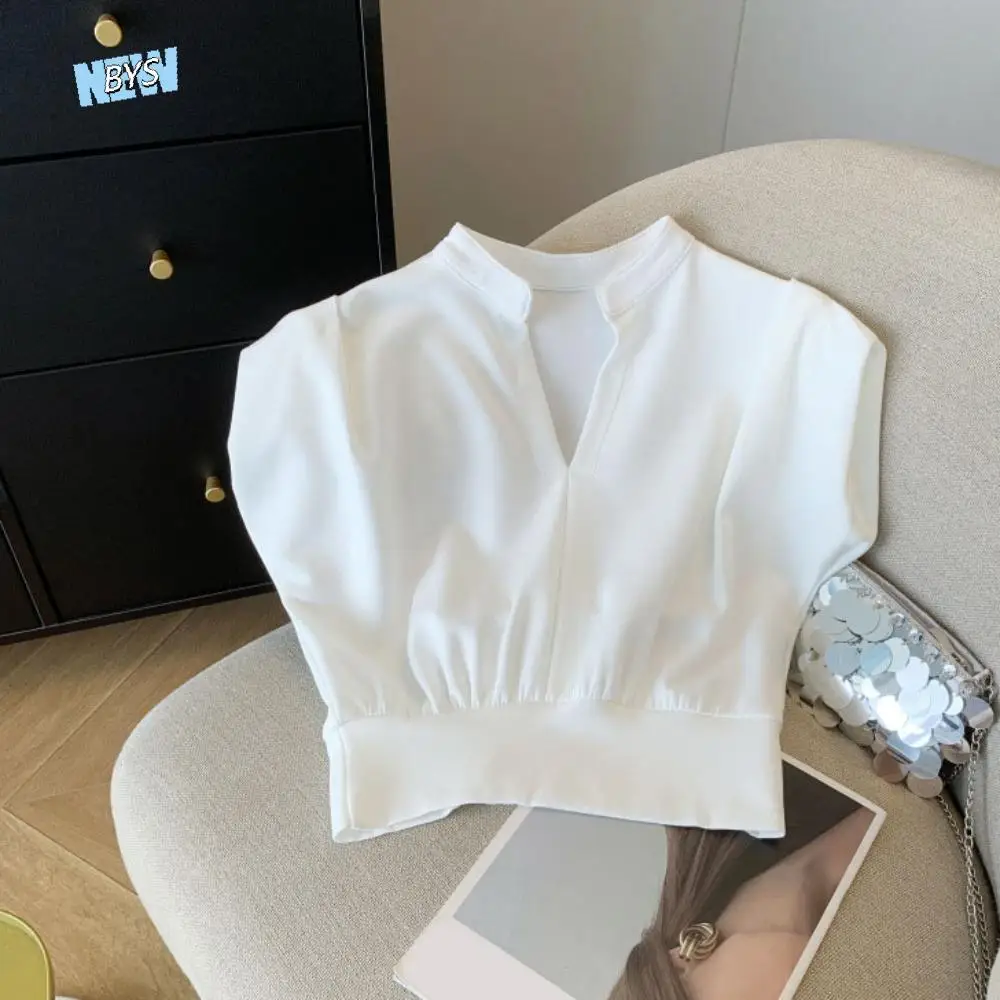 

Simple V-neck Flip Collar T-shirt Y2K Slim Fit Sleeveless Crop Top Korean Style Chic Basic Tees Shirts Women Summer