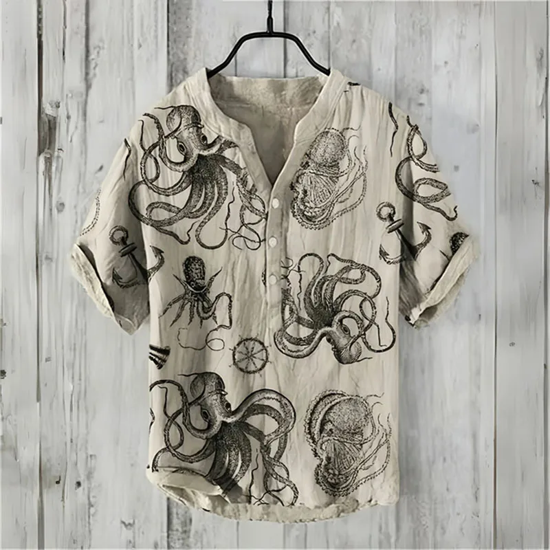 New Summer Men's Short Sleeve Polo Shirt Linen Print Shirt Trendy Elements Original Plus Size Clothing