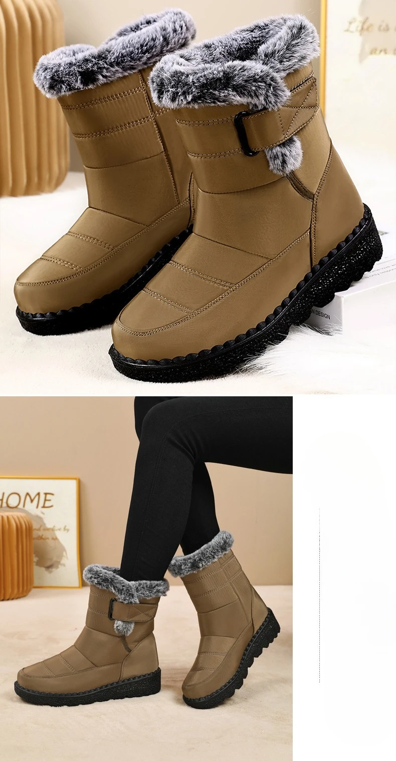 Damen-Schneestiefel bis zur Mitte der Wade, warm, mit Plüschfleece gefüttert, mit Klettverschluss, Pompon-Dekor, rutschfeste dicke Sohle, Winter-Freizeitschuhe für kaltes Wetter. – Detail 19