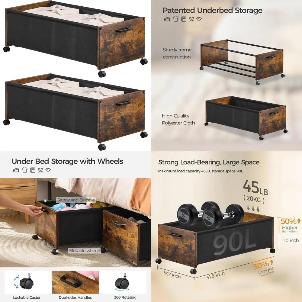 

Rolling Wooden Underbed Storage Box - Rustic Brown, 90L, Space-Saving, Quad-Size