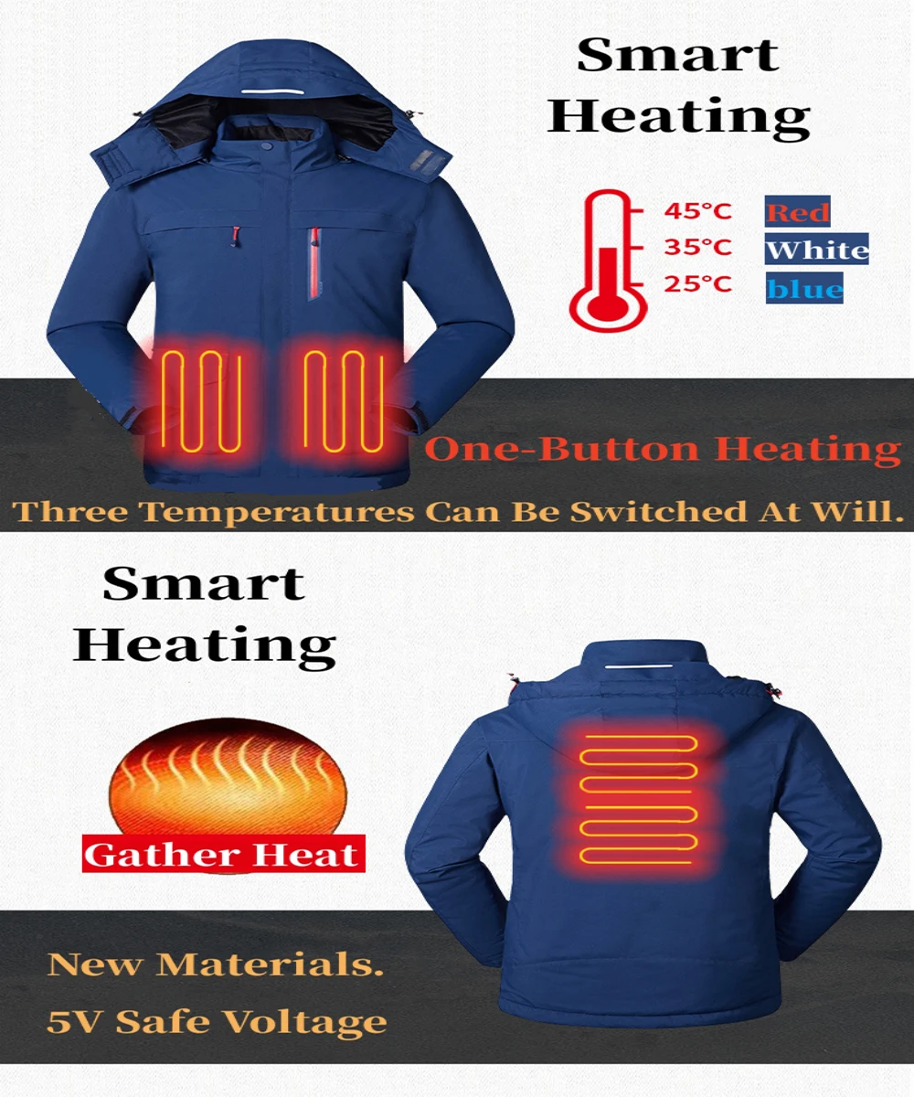 Men Heated Jacket USB Electric Heating Jacket For Women Winter Warm Windbreaker Waterproof Windproof Hooded Heated Clothing