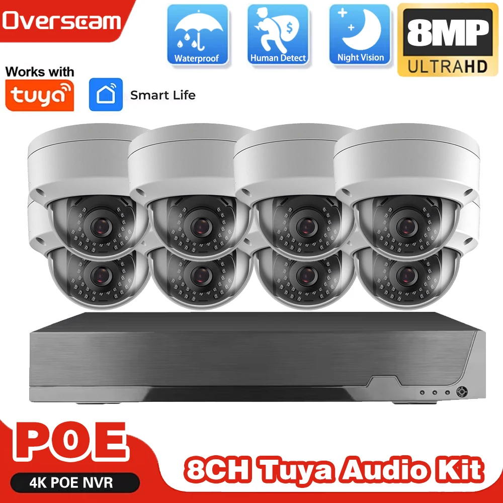 Tuya H.265 4K Ultra HD CCTV Video Surveillance Kit 8MP 8CH POE NVR Kit Outdoor Waterproof POE IP Dome Security Camera System Set