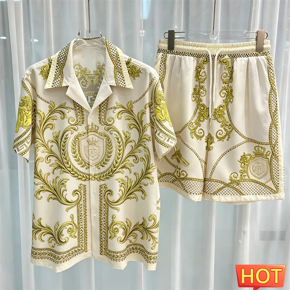 Striped Crown Pattern Luxury two-piece shirt set Summer Men Shirt Set colorful home high-end button up shirts pants Men clothing