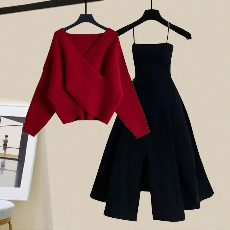 Women\'s Autumn Winter Korean New Camisole Dress Fashion Sweet Spicy Style Upscale Temperament Sweater Camisole Skirt 2-piece Set