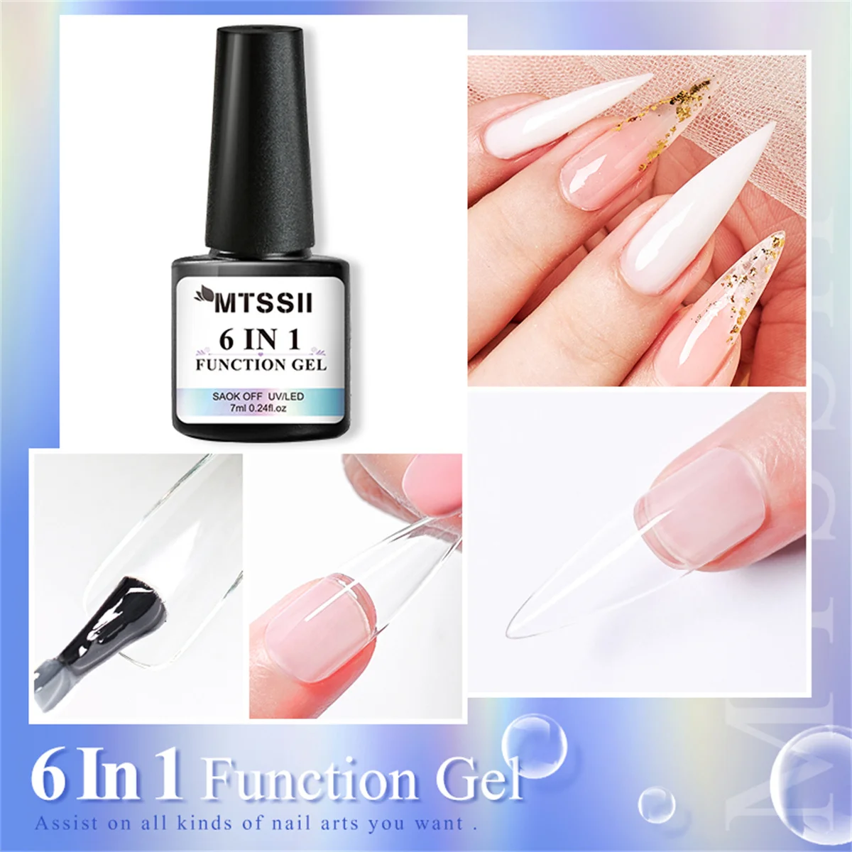 6-IN-1 nagellijmgel voor acrylnagels losweken basisgel toplaag UV-verlenging nagelgel valse nageltips gel, duurzame hechting