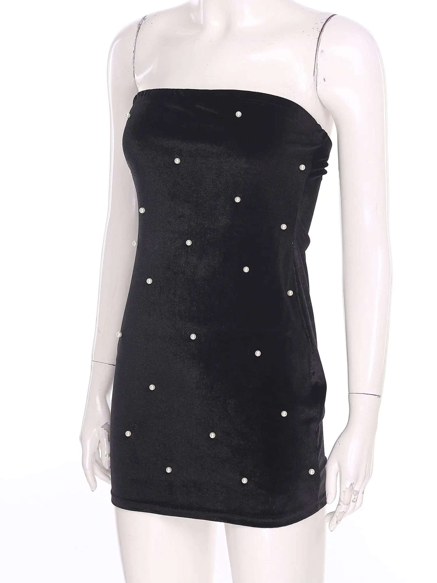 セクシーなレディースプロムチューブドレス、シックなストラップレスミニドレス、フェイクパール付きノースリーブベルベットボディコンドレス、レディースウェディングクラブパーティードレス