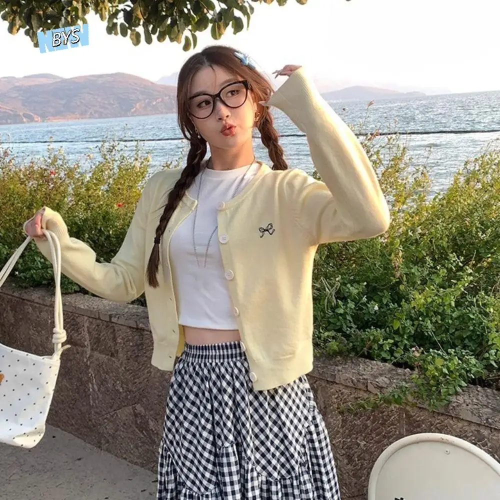 

Solid Bowknot Crochet Sweaters Long Sleeve Autumn Spring Cardigans Women Y2K Ladies Tops Preppy Style Sweet Knitwear Streetwear