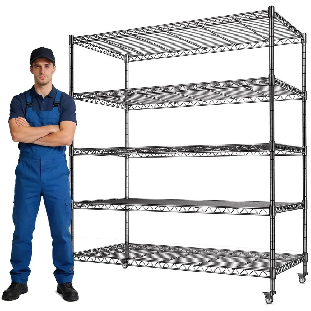 

5-ярусный металлический стеллаж на колесах, 48x24x72 дюйма, регулируемый, для гаража, кладовой, кухни, склада