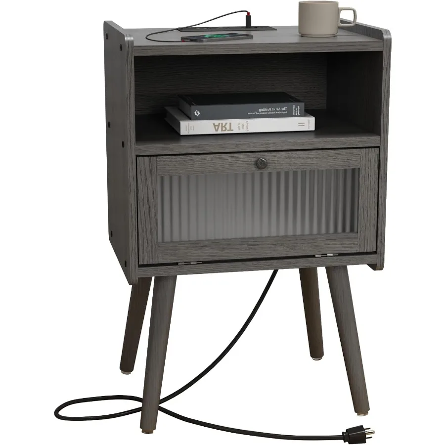 Comodino moderno della metà del secolo con stazione di ricarica e porta in vetro per camera da letto e soggiorno Tavolino portaoggetti a due livelli con