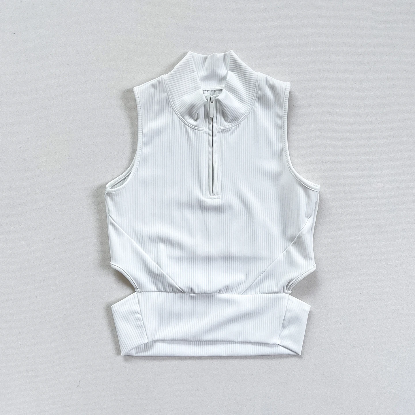 New Women's Sleeveless Mock Neck Hollow-out Zipper Ribbed Crop Top - White and Black Available