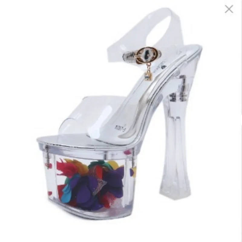 Women Sandals Autumn PVC Transparent Nightclub High Heels Sexy Peep Toe Flower 20CM Square Heel Platform Buckle Strap Women Shoe
