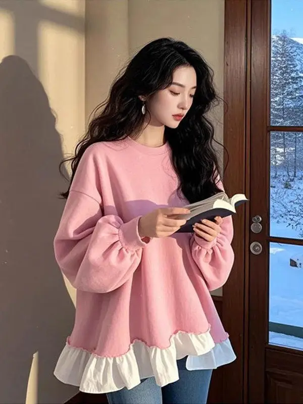 

plus Size Patchwork Loose Fit Hoodie Women's Casual Style Floral Trim Spring Autumn Comfortable Breathable Lightweight Sweats...