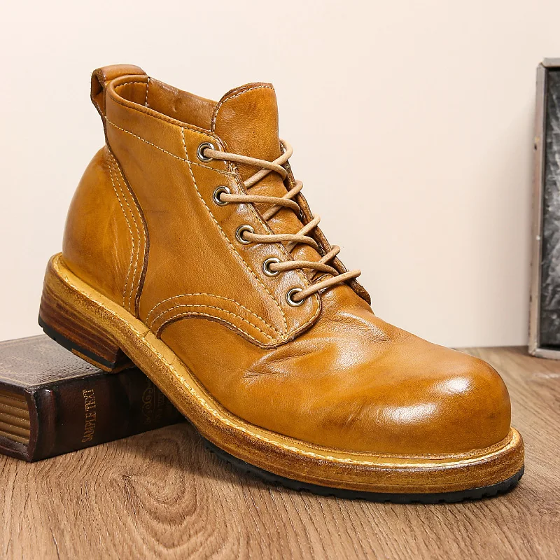 Chaussures en cuir de cheval véritable pour hommes Bottes Martin Tenue de travail, baskets de moto britanniques faites à la main, marche de trekking en plein air