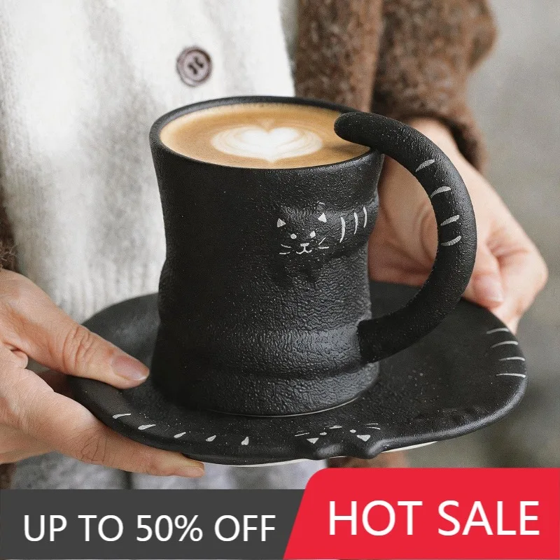 Cute Ceramic Coffee Cup With Plate Set Artistic Handmade Coffee Cups Creative Cartoon Black Matte Mug Luxury Elegant Cups