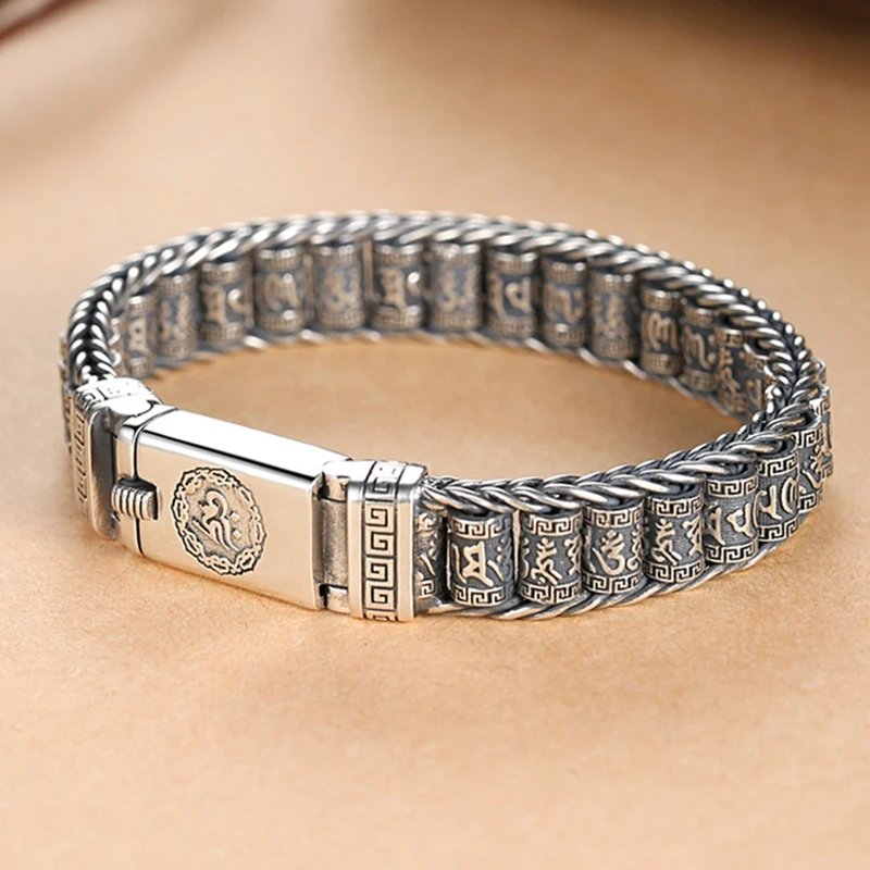 2023 New Men's Bracelet Simple and Generous Silver Bracelet Hand-woven Six-character Mantra Roller Silver Rotatable Bangle Chain