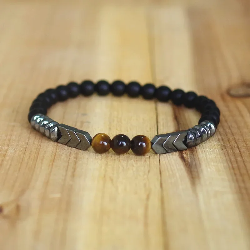 Natural Matte Black Onyx Tiger Eye Beads Strand Bracelet Arrow Hematite Stone Bracelet Men Buddha Jewelry